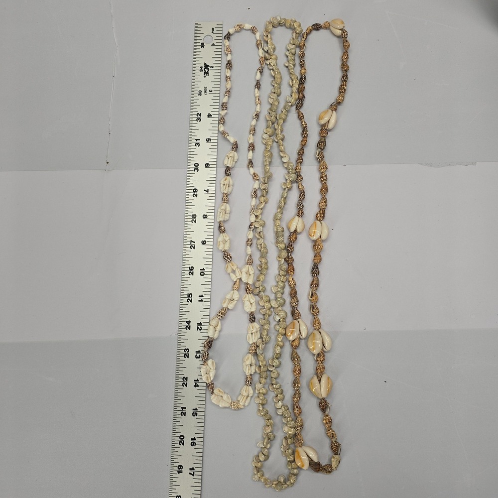 Vintage Natural Puka Cowrie Shell Necklace Set 3 Piece Long Layering Beachy Boho - Picture 4 of 5